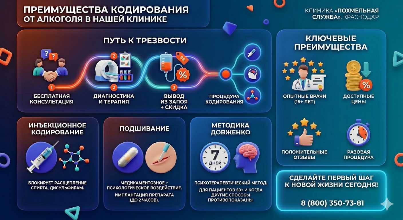 Инфографика о методах кодирования от алкоголя в Смышляевке: инъекции, подшивание, метод Довженко. Преимущества клиники и этапы лечения.
